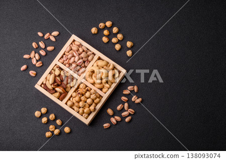 A box of cashews, hazelnuts, pistachios, and Brazil nuts as healthy food ingredients. A box of nuts A box of cashews, hazelnuts, pistachios, and Brazil nuts as healthy food ingredients. A box of nuts 138093074