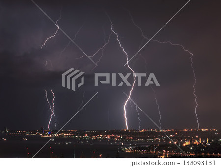 Dangerous storm of lightning and lightning in the clouds that touch the ground Dangerous storm of lightning and lightning in the clouds that touch the ground 138093131