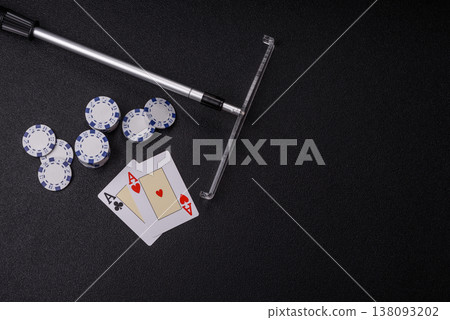 Playing cards and chips on a table, a gambling game of blackjack or baccarat. Cards and chips Playing cards and chips on a table, a gambling game of blackjack or baccarat. Cards and chips 138093202