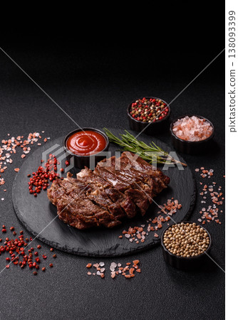 Steak, beef or pork meat grilled or barbecued with salt and spices. Beef steak Steak, beef or pork meat grilled or barbecued with salt and spices. Beef steak 138093399