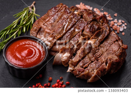 Steak, beef or pork meat grilled or barbecued with salt and spices. Beef steak 138093403