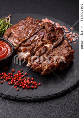Steak, beef or pork meat grilled or barbecued with salt and spices. Beef steak 138093405
