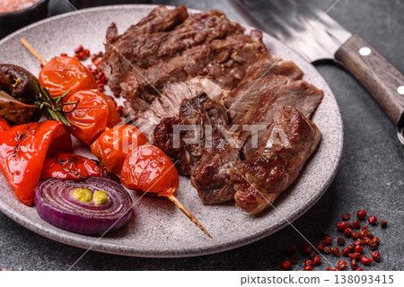 Steak, beef or pork meat grilled or barbecued with salt and spices. Beef steak 138093415