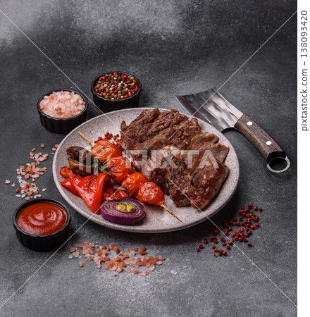 Steak, beef or pork meat grilled or barbecued with salt and spices. Beef steak Steak, beef or pork meat grilled or barbecued with salt and spices. Beef steak 138093420