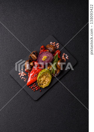 Grilled vegetables: bell peppers, zucchini, eggplant, onions, and corn. Grilled vegetables Grilled vegetables: bell peppers, zucchini, eggplant, onions, and corn. Grilled vegetables 138093422