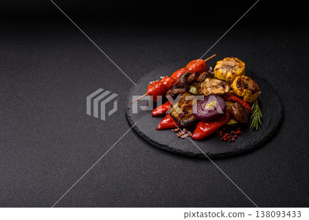 Grilled vegetables: bell peppers, zucchini, eggplant, onions, and corn. Grilled vegetables Grilled vegetables: bell peppers, zucchini, eggplant, onions, and corn. Grilled vegetables 138093433