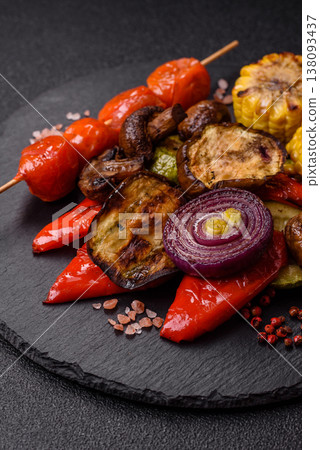 Grilled vegetables: bell peppers, zucchini, eggplant, onions, and corn. Grilled vegetables Grilled vegetables: bell peppers, zucchini, eggplant, onions, and corn. Grilled vegetables 138093437