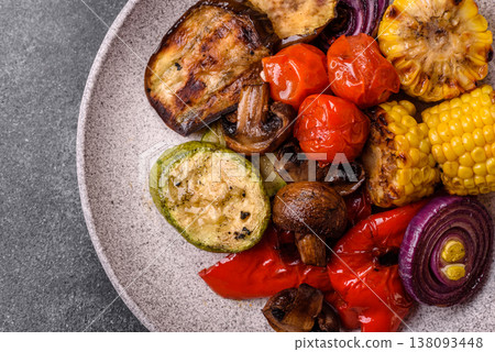 Grilled vegetables: bell peppers, zucchini, eggplant, onions, and corn. Grilled vegetables Grilled vegetables: bell peppers, zucchini, eggplant, onions, and corn. Grilled vegetables 138093448