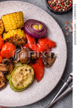 Grilled vegetables: bell peppers, zucchini, eggplant, onions, and corn. Grilled vegetables 138093451