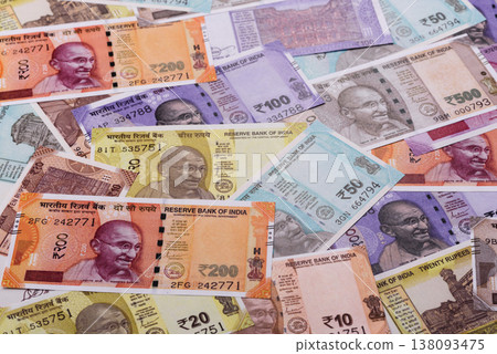 Indian paper currency, rupees, for financial transactions and exchange. Indian rupee currency Indian paper currency, rupees, for financial transactions and exchange. Indian rupee currency 138093475