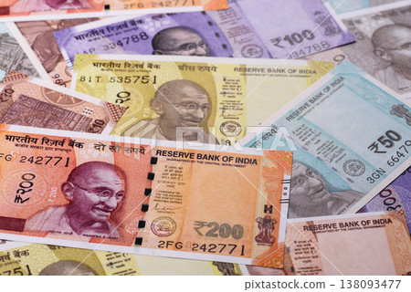 Indian paper currency, rupees, for financial transactions and exchange. Indian rupee currency Indian paper currency, rupees, for financial transactions and exchange. Indian rupee currency 138093477