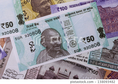 Indian paper currency, rupees, for financial transactions and exchange. Indian rupee currency Indian paper currency, rupees, for financial transactions and exchange. Indian rupee currency 138093482