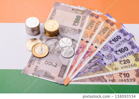 Indian paper currency, rupees, for financial transactions and exchange. Indian rupee Indian paper currency, rupees, for financial transactions and exchange. Indian rupee 138093534
