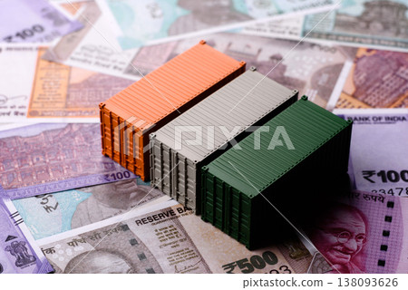 Cargo containers on the Indian money as a conceptual backdrop for goods export. Cargo containers Cargo containers on the Indian money as a conceptual backdrop for goods export. Cargo containers 138093626