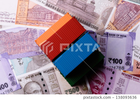 Cargo containers on the Indian money as a conceptual backdrop for goods export. Cargo containers Cargo containers on the Indian money as a conceptual backdrop for goods export. Cargo containers 138093636