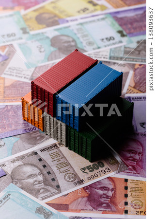 Cargo containers on the Indian money as a conceptual backdrop for goods export. Cargo containers 138093637