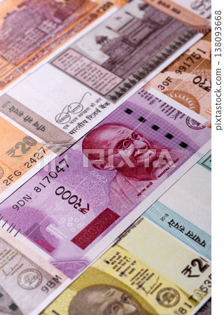 Indian paper currency, rupees, for financial transactions and exchange. Indian rupee currency Indian paper currency, rupees, for financial transactions and exchange. Indian rupee currency 138093668