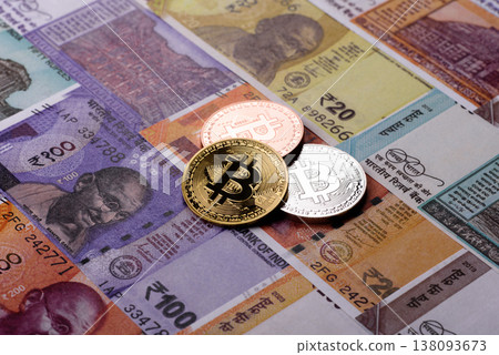 A conceptual financial background, Bitcoin against the Rupee. Bitcoin on the Indian currency A conceptual financial background, Bitcoin against the Rupee. Bitcoin on the Indian currency 138093673
