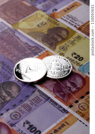 A conceptual financial background, ethereum against the Rupee. ethereum on the Indian currency A conceptual financial background, ethereum against the Rupee. ethereum on the Indian currency 138093681