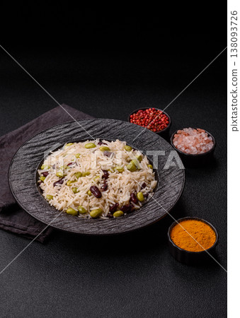 Asian food with rice, edamame, carrots, tofu, and spices. Rice with edamame Asian food with rice, edamame, carrots, tofu, and spices. Rice with edamame 138093726