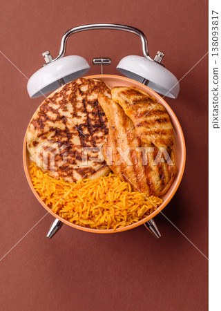 Dajaj Mashwi, an Arabic dish with rice and chicken, salt, and spices. Dajaj Mashwi 138093817