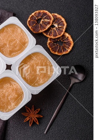 Apple sweet sauce, baby food, canned ingredient for desserts. Apple sauce Apple sweet sauce, baby food, canned ingredient for desserts. Apple sauce 138093827