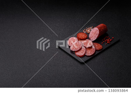 Sliced smoked pepperoni or salami as a pizza topping. Pepperoni sausage Sliced smoked pepperoni or salami as a pizza topping. Pepperoni sausage 138093864
