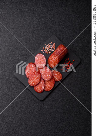 Sliced smoked pepperoni or salami as a pizza topping. Pepperoni sausage Sliced smoked pepperoni or salami as a pizza topping. Pepperoni sausage 138093865