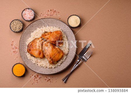 Kabsa or haneeth, an Arabic dish with rice and chicken, salt, and spices. Kabsa or haneeth Kabsa or haneeth, an Arabic dish with rice and chicken, salt, and spices. Kabsa or haneeth 138093884