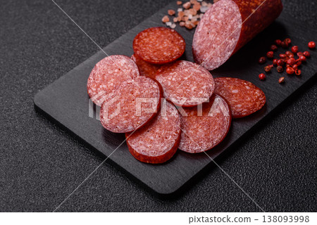 Sliced smoked pepperoni or salami as a pizza topping. Pepperoni sausage Sliced smoked pepperoni or salami as a pizza topping. Pepperoni sausage 138093998
