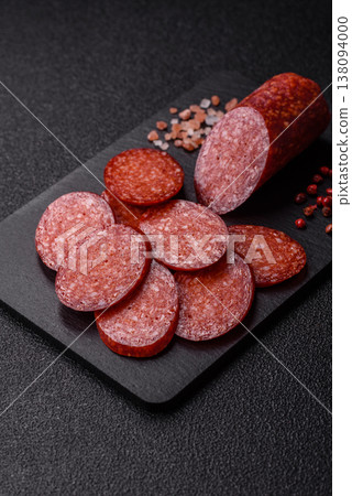 Sliced smoked pepperoni or salami as a pizza topping. Pepperoni sausage Sliced smoked pepperoni or salami as a pizza topping. Pepperoni sausage 138094000