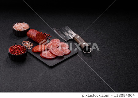 Sliced smoked pepperoni or salami as a pizza topping. Pepperoni sausage 138094004