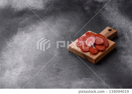 Sliced smoked pepperoni or salami as a pizza topping. Pepperoni sausage 138094019