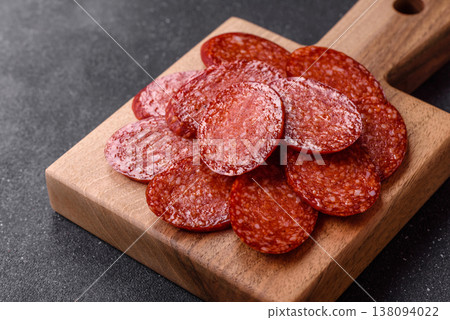 Sliced smoked pepperoni or salami as a pizza topping. Pepperoni sausage Sliced smoked pepperoni or salami as a pizza topping. Pepperoni sausage 138094022