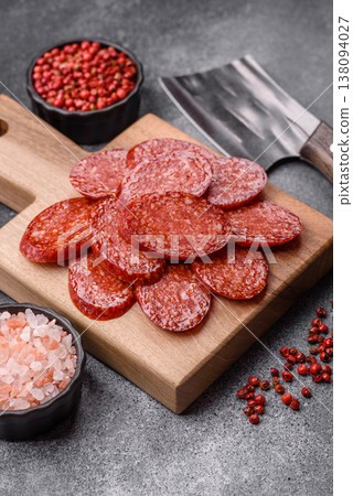 Sliced smoked pepperoni or salami as a pizza topping. Pepperoni sausage Sliced smoked pepperoni or salami as a pizza topping. Pepperoni sausage 138094027