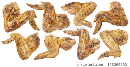 Grilled chicken wings, roasted drumsticks isolated on white background, full depth of field Grilled chicken wings, roasted drumsticks isolated on white background, full depth of field 138094260