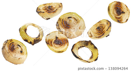 Grilled onion rings and slices isolated on white background with clipping path, full depth of field Grilled onion rings and slices isolated on white background with clipping path, full depth of field 138094264
