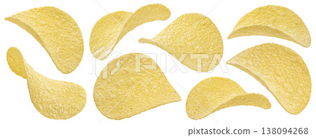 Falling potato chips isolated on white background with clipping path Falling potato chips isolated on white background with clipping path 138094268