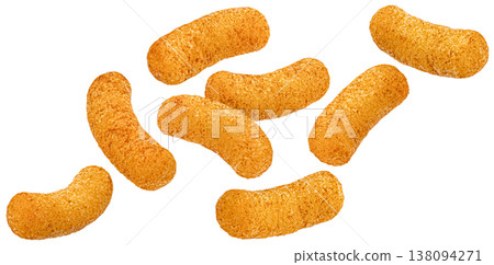 Crispy corn sticks snack, crunchy texture with salted coating isolated on white background, full depth of field 138094271
