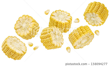 Falling corn cob slices isolated on white background with clipping path Falling corn cob slices isolated on white background with clipping path 138094277