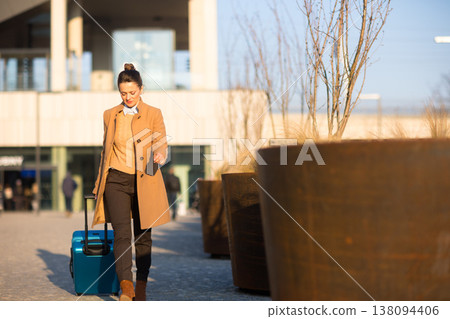 Professional Traveler with Suitcase at Modern Transit Hub Professional Traveler with Suitcase at Modern Transit Hub 138094406