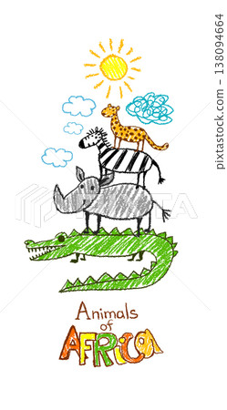 Cartoon Set of African animals for children's drawings. Original bookmark Hand drawn. Not AI, vector illustration. 138094664