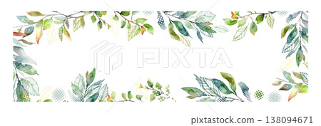 A horizontal frame with green watercolor branches. Spring Hand drawn. Not AI, vector illustration. A horizontal frame with green watercolor branches. Spring Hand drawn. Not AI, vector illustration. 138094671