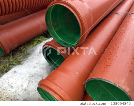 Sewer Pipes in a Construction Area During a Cloudy Day 138094843