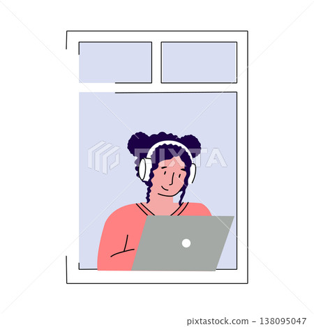 An illustration of a woman in white headphones working on her laptop by the window. Freelancing and remote work concept 138095047
