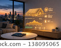Smart home energy management system displaying solar generation and house consumption hologram in a modern living room interior during sunset with city skyline smart house dashboard green technology c 138095065