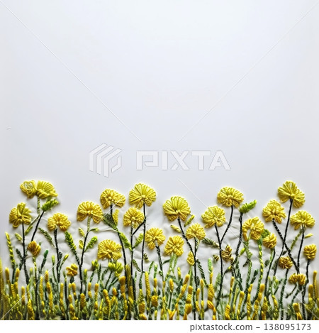 Embroidered-style yellow flowers and white background material. Copy space included. Handmade, cute, refreshing. Banner/advertising background. 138095173