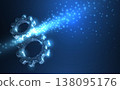 Gears. Abstract vector wireframe two gear 3d modern illustration on dark blue background. 138095176