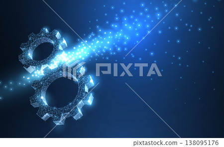 Gears. Abstract vector wireframe two gear 3d modern illustration on dark blue background. 138095176