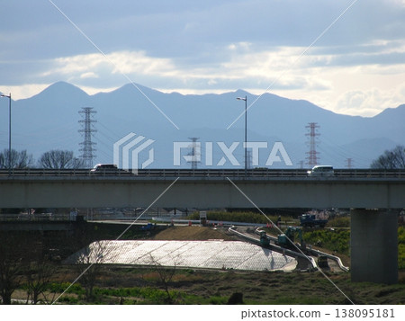 Levee paving work, left bank of Koyamagawa River (March 20, 2022). The sign is dazzling in the sunlight. East side of Shinmei Bridge. Levee paving work, left bank of Koyamagawa River (March 20, 2022). The sign is dazzling in the sunlight. East side of Shinmei Bridge. 138095181